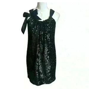 Love, Carmen Short Black Sequin Lined Dress w/ Satin Bow 100% Poly Womens Size 4